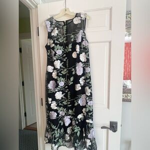 Calvin Klein Black and Silver Embroidered Floral Tea Length or Maxi Dress